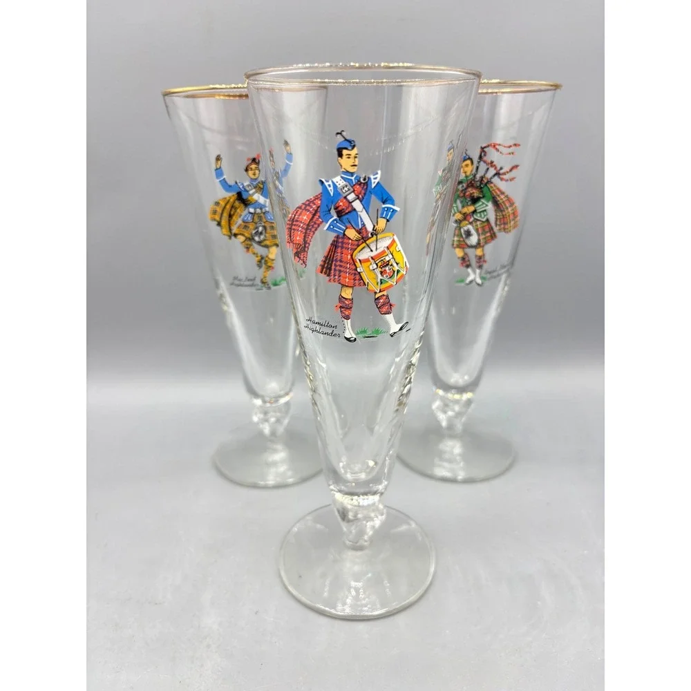 Vintage‎ Scottish Highlander Pilsner Glasses Set of 3 Gold Rim Barware